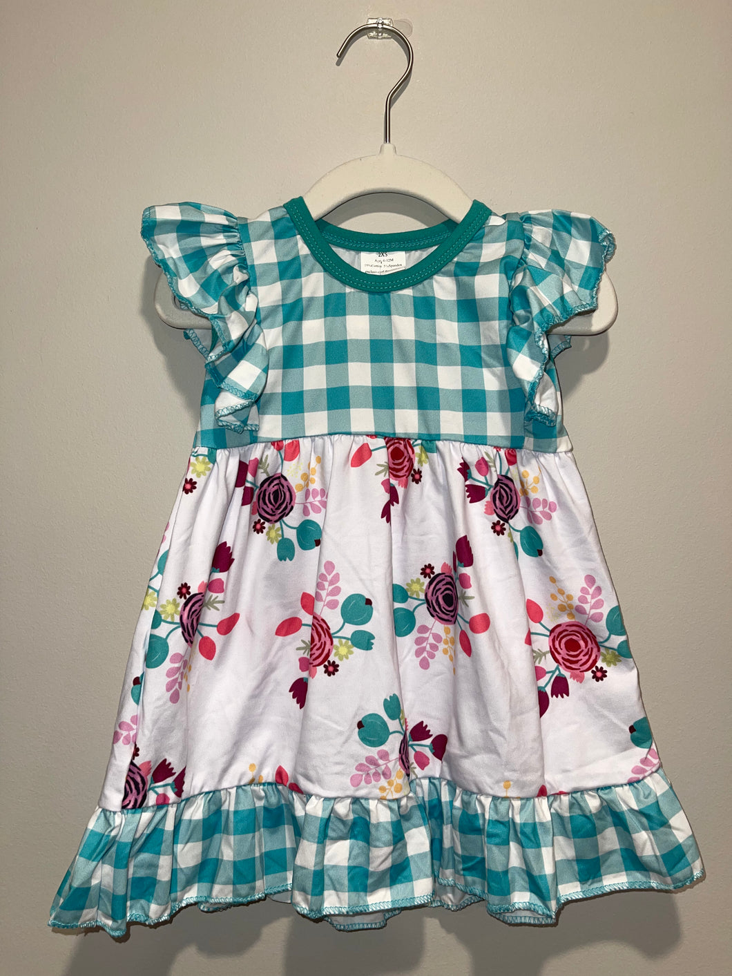 Teal Gingham Floral Dress